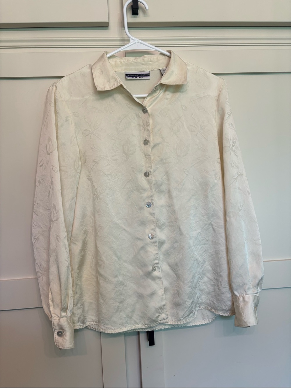 Amanda Smith 100% Silk Blouse Ivory Cream Floral Jacquard Button Down Petite M
